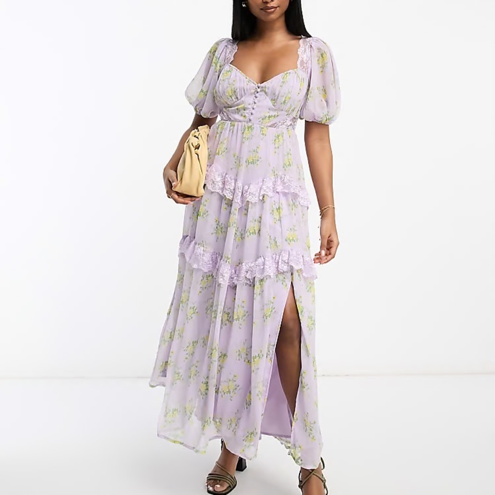 ASOS Lilac Floral Maxi Dress Puff Sleeve Lace Trim Open Back